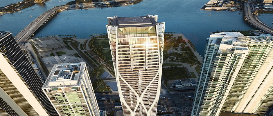 One Thousand Museum Miami helipad rooftop Biscayne Bay aerial
