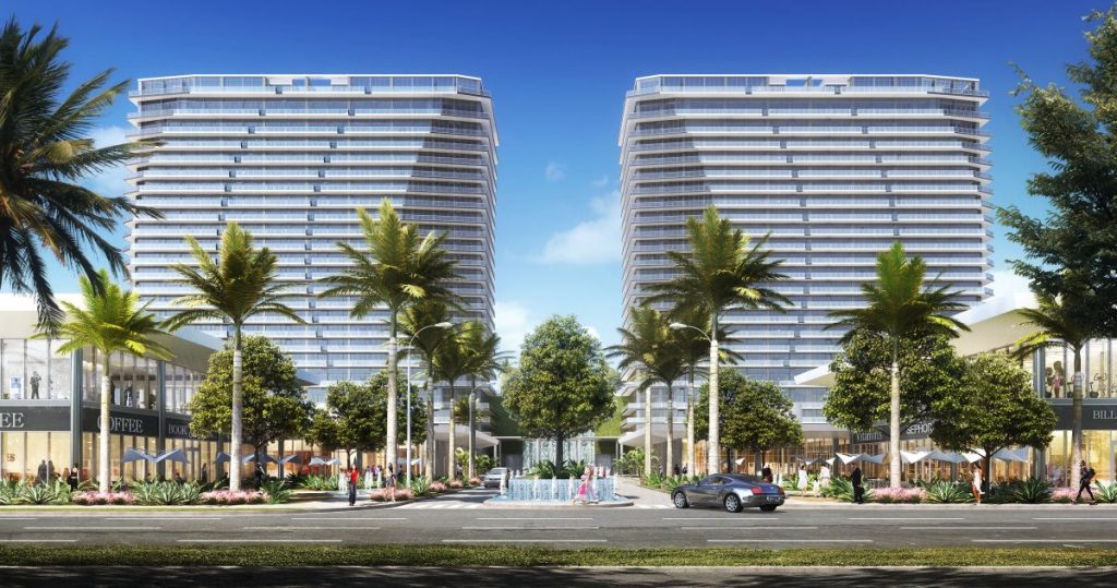 Oasis Hallandale exterior twin towers rendering street level
