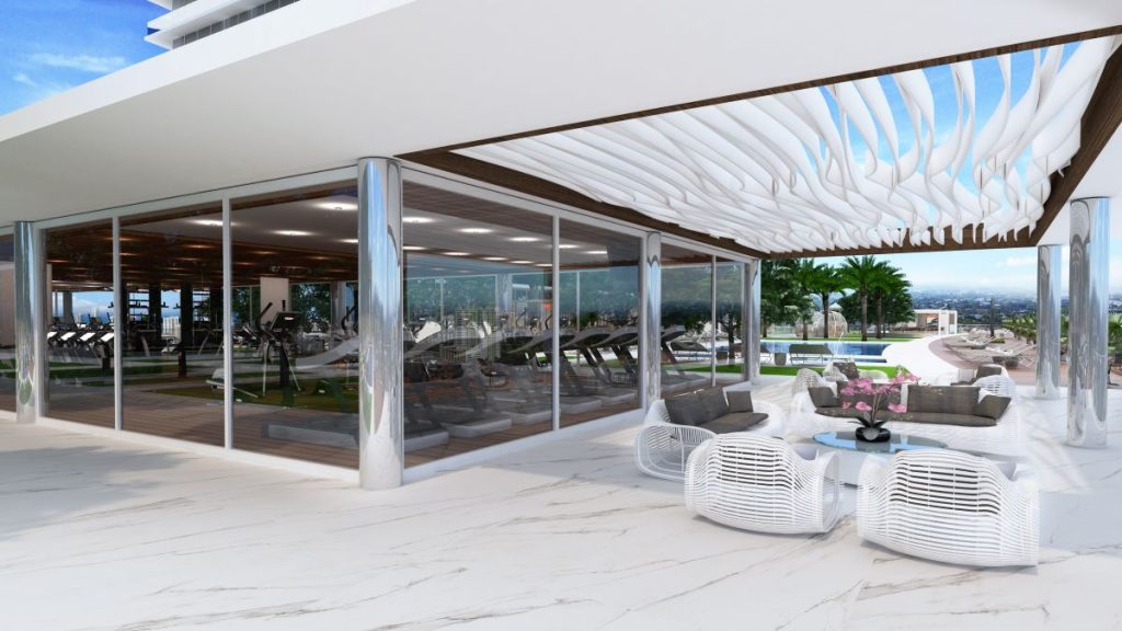 Oasis Hallandale fitness center and poolside lounge rendering