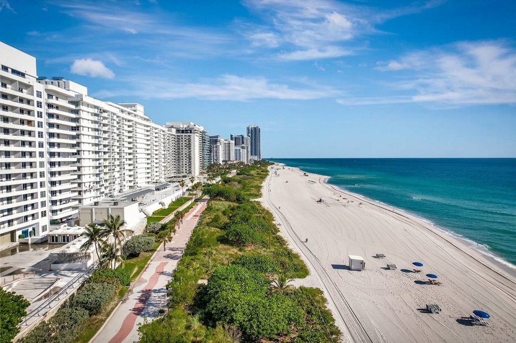 Older Condos on Millionaires Row in Miami Beach Aerial oceanfront