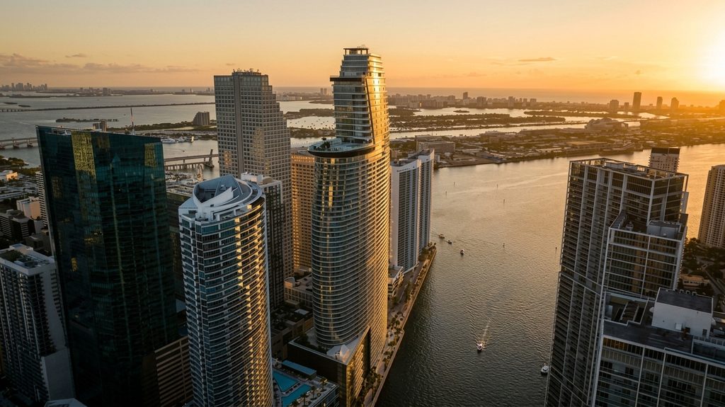 Aston Martin Residences Miami Sunset Aerial at Dusk
