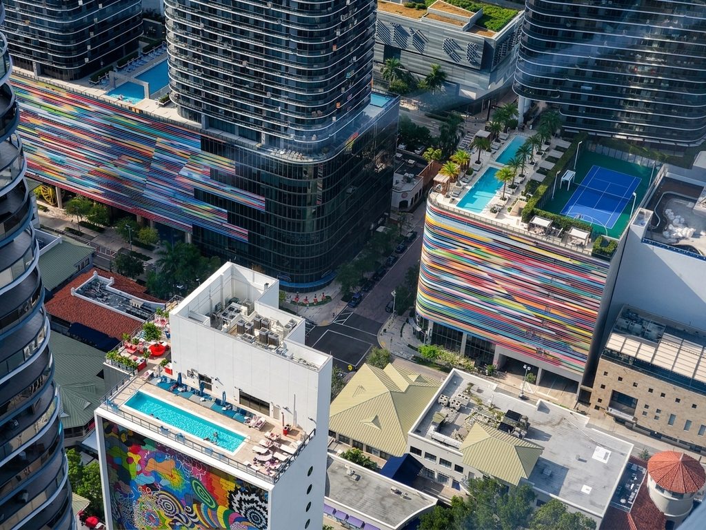 Brickell Miami Aerial to SLS and condo rooftop pools