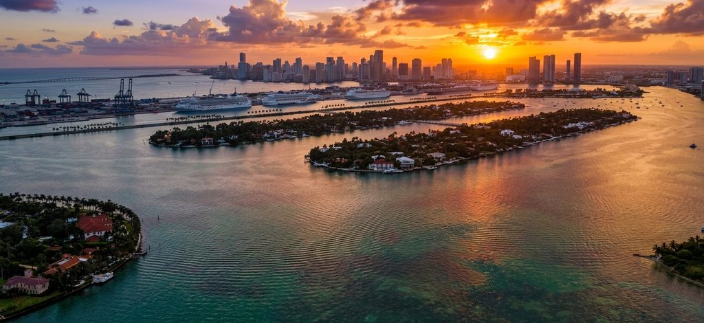 Miami Beach Islands aerial towards Downtown Miami